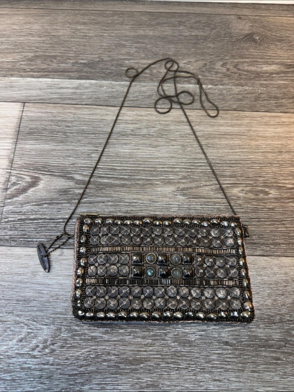 Mary Frances Metallic Beaded Evening Clutch in Bronze and Gray
